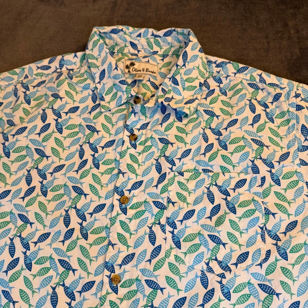 Oliver & Burke Fish Print Button Up Shirt Mens XXL White Blue Short Sleeve